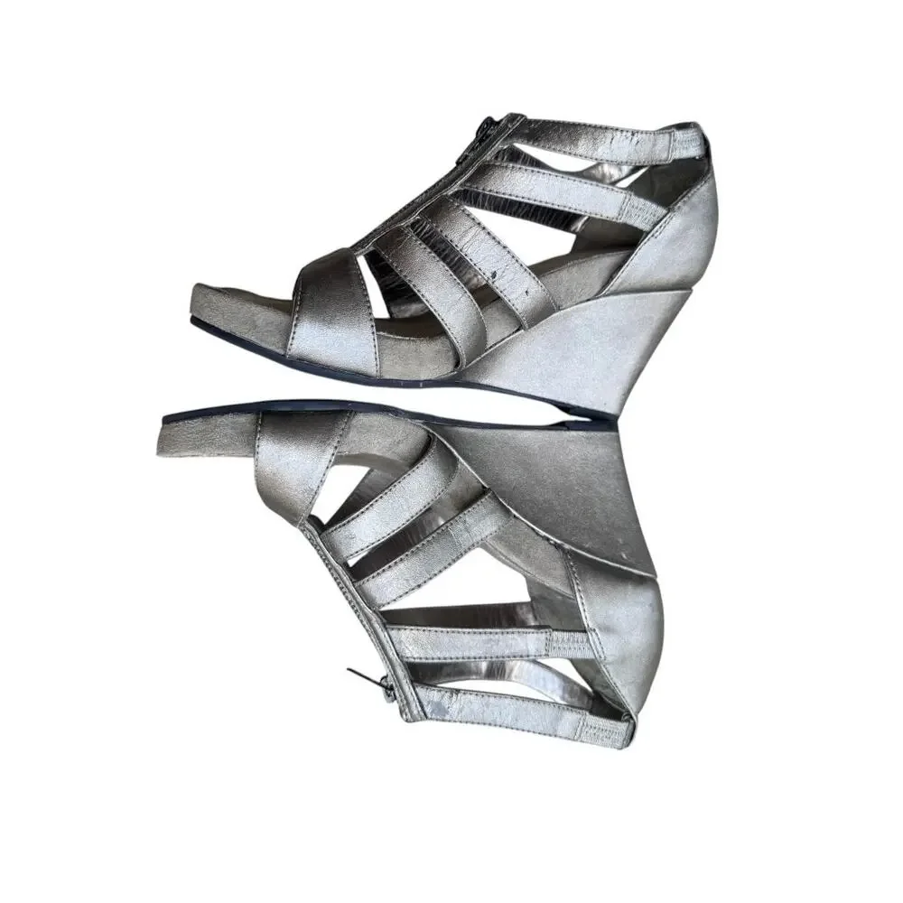 Aerosoles Plush Love Metallic Pewter Wedge Sandals Size 7.5 Comfort Shoes - Picture 7 of 12